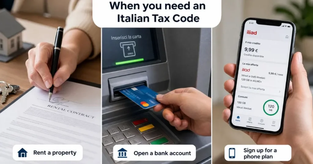 **Alt text:**
`Verifica codice fiscale online: situazioni in cui è necessario il codice fiscale per affittare una casa, aprire un conto bancario o attivare un piano telefonico in Italia.`
